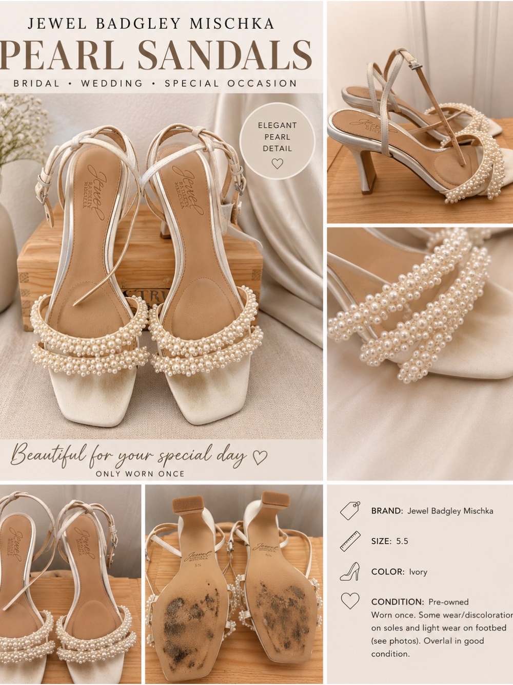 Jewel Badgley Mischka Pearl Bridal Heels Ivory Wedding Shoes Size 5.5
